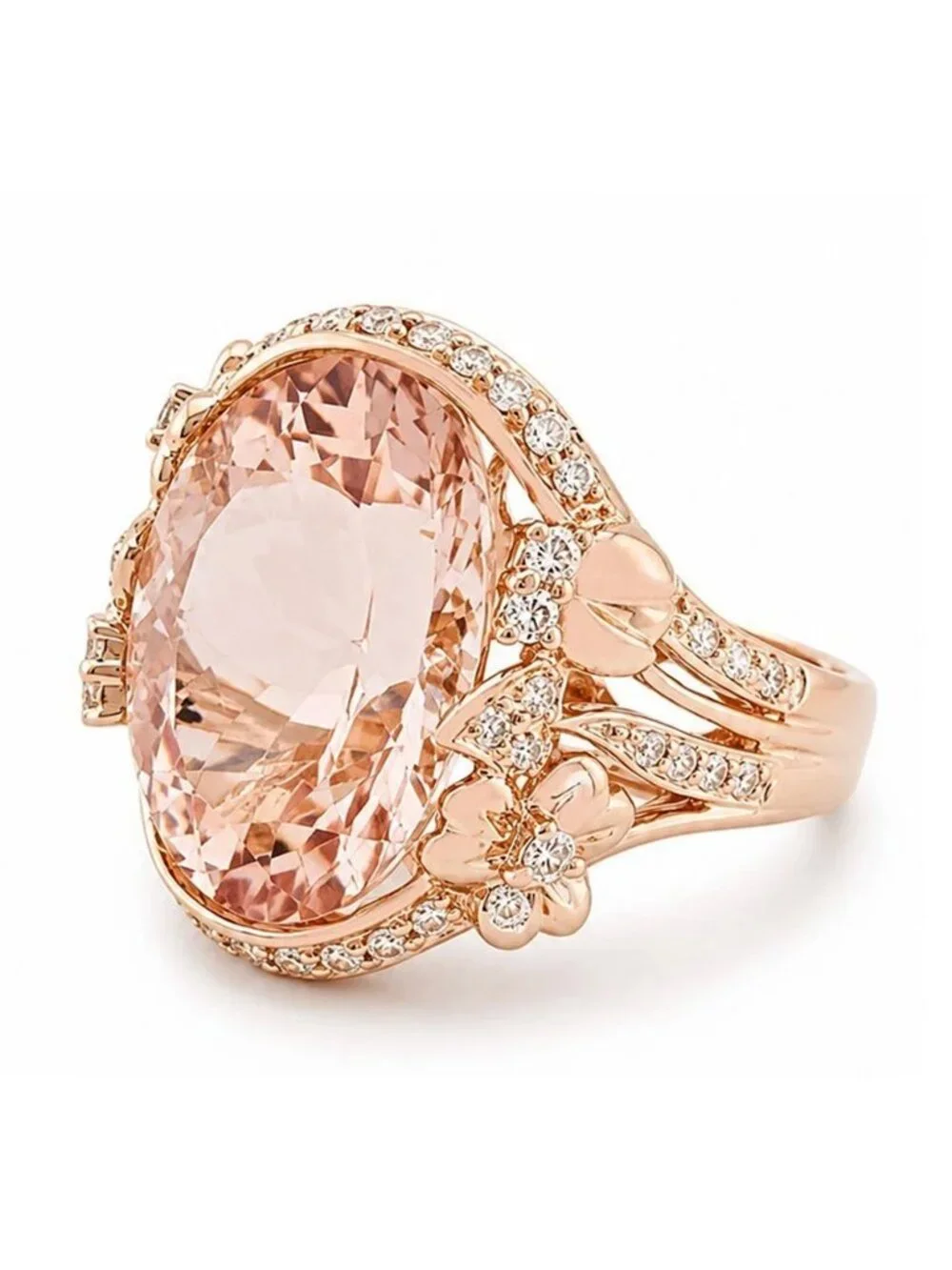 Genuine 15.0 Cts Morganite & Diamonds Ring Solid 14k Rose Gold